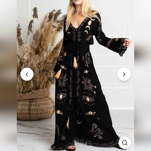V Neck Star Moon Pattern Drawstring Tassel Maxi Dress Celestial Witch XL NEW